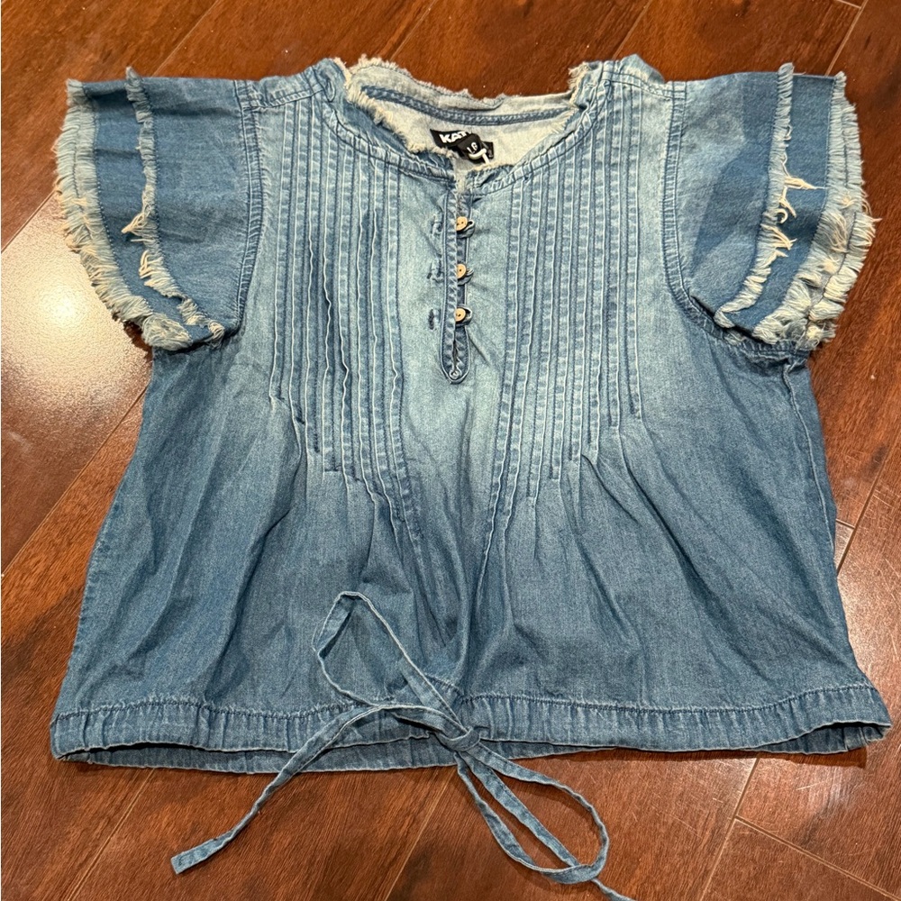 NWT Katie J NYC - Blue Denim Hart Chambray Top with Frayed Sleeves Girls Large